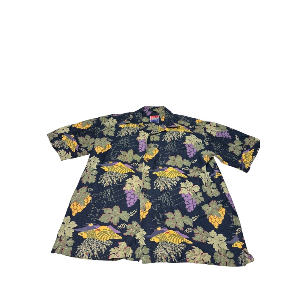 Dem Crazy Mens 2X Short Sleeve Grape Wine Vineyard Print Button Down Shirt Navy